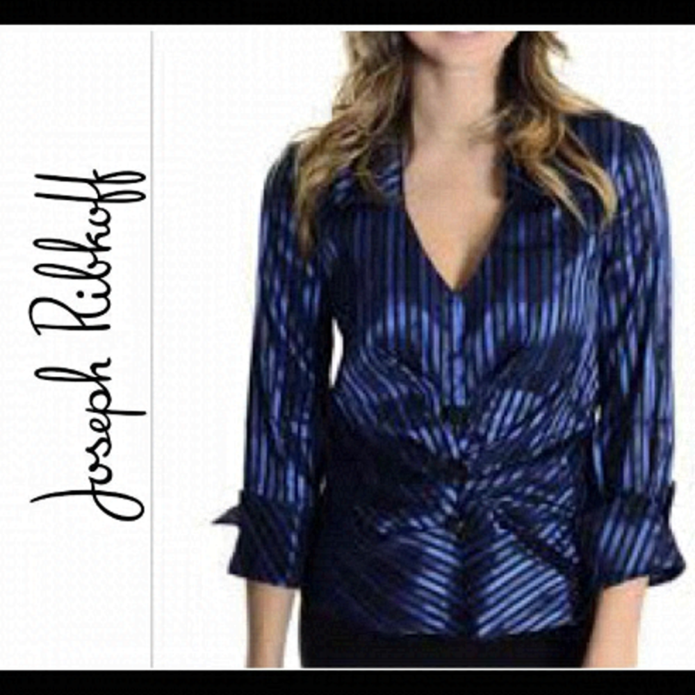 Joseph Ribkoff Blue metallic striped stretchy collared blouse Sz 8 NWOT